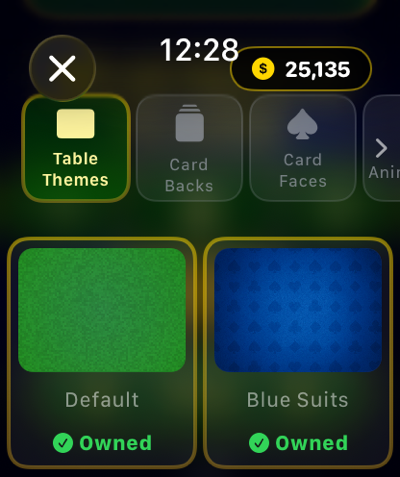 Blackjack Flash shop screen with owned themes